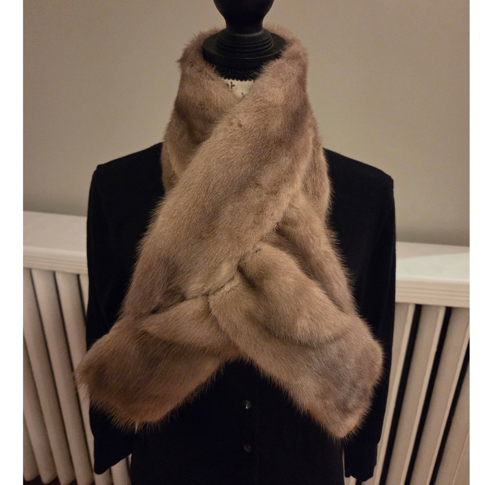 Vintage Genuine Mink Fur Pull-Through Scarf Shawl Taupe Brown Mid-Century